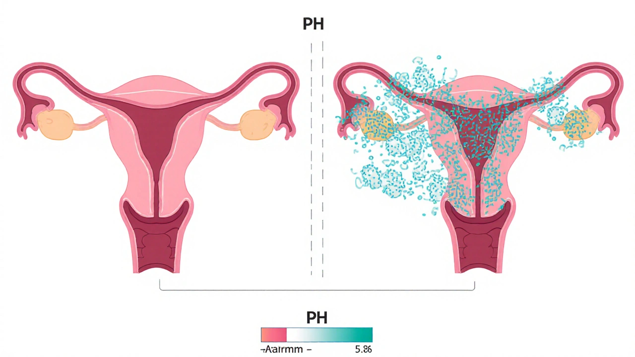 Srovnání zdravé a narušené mikroflóry pochvy.
