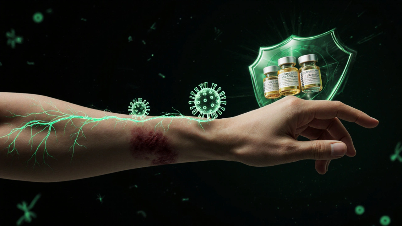 Symbolický obraz viru vztekliny blokovaného očkováním v nervové cestě k mozku.