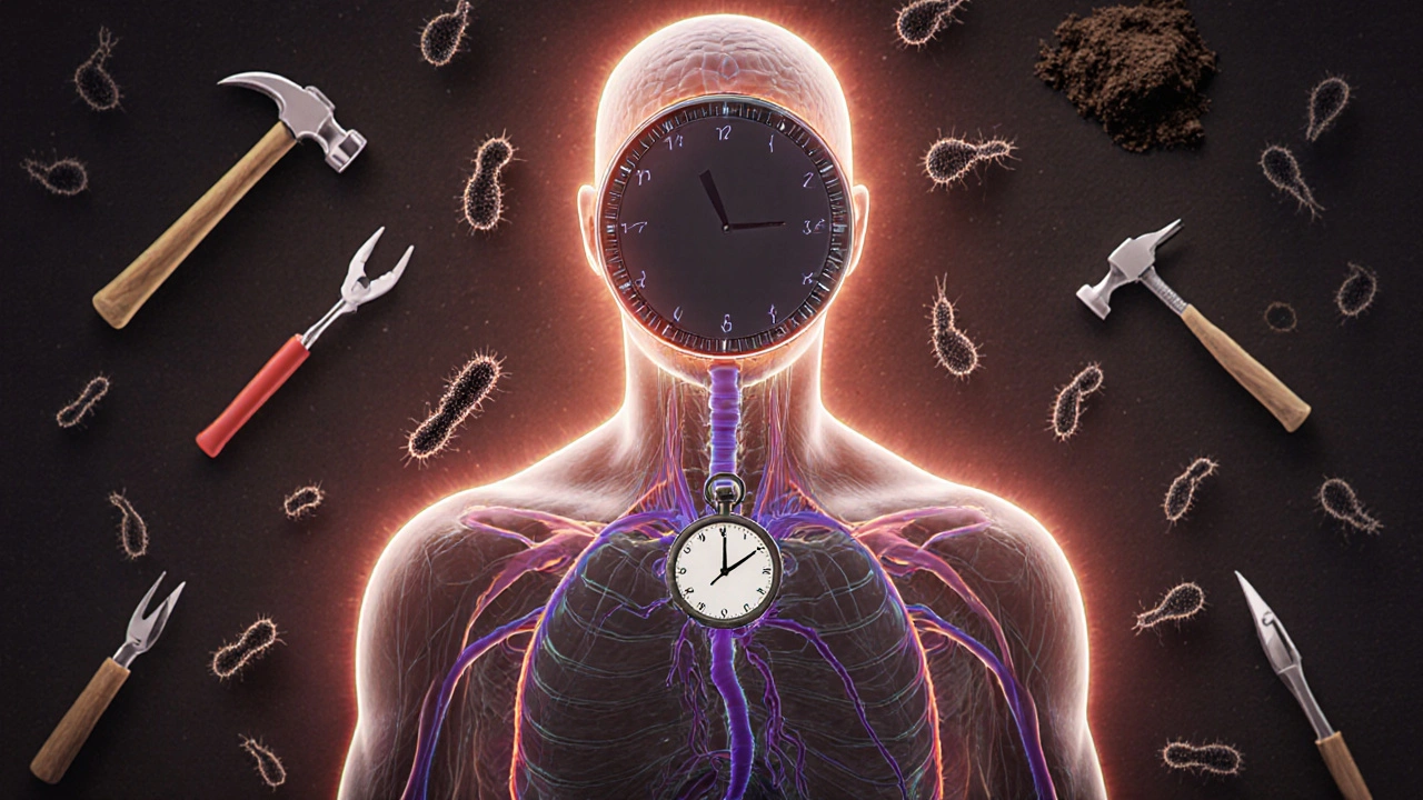 Tělo s ochrannou imunitní bariérou a hodinami označujícími 10leté intervaly očkování.