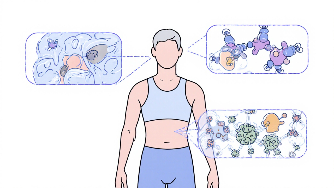 Transparentní schemata ukazují tři způsoby, jak antibakteriální látky ničí bakterie na oblečení.