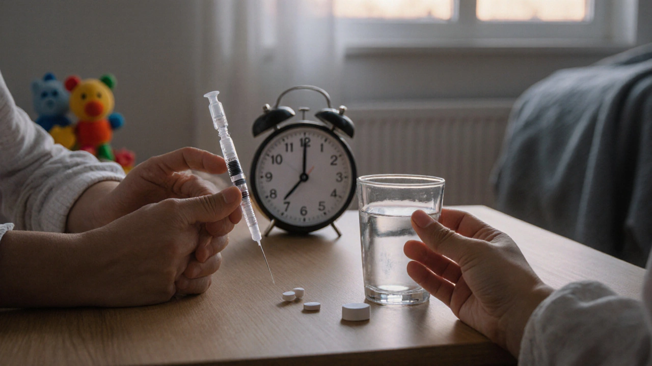 Vakcína, voda a lék na stole s hodinami – symbol klidu a péče po očkování.