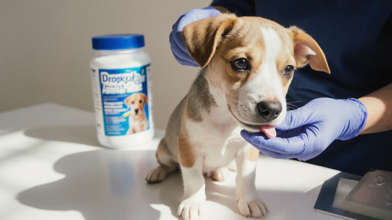 Veterinář podává štěněti tabletku proti červům na vyšetřovacím stole.