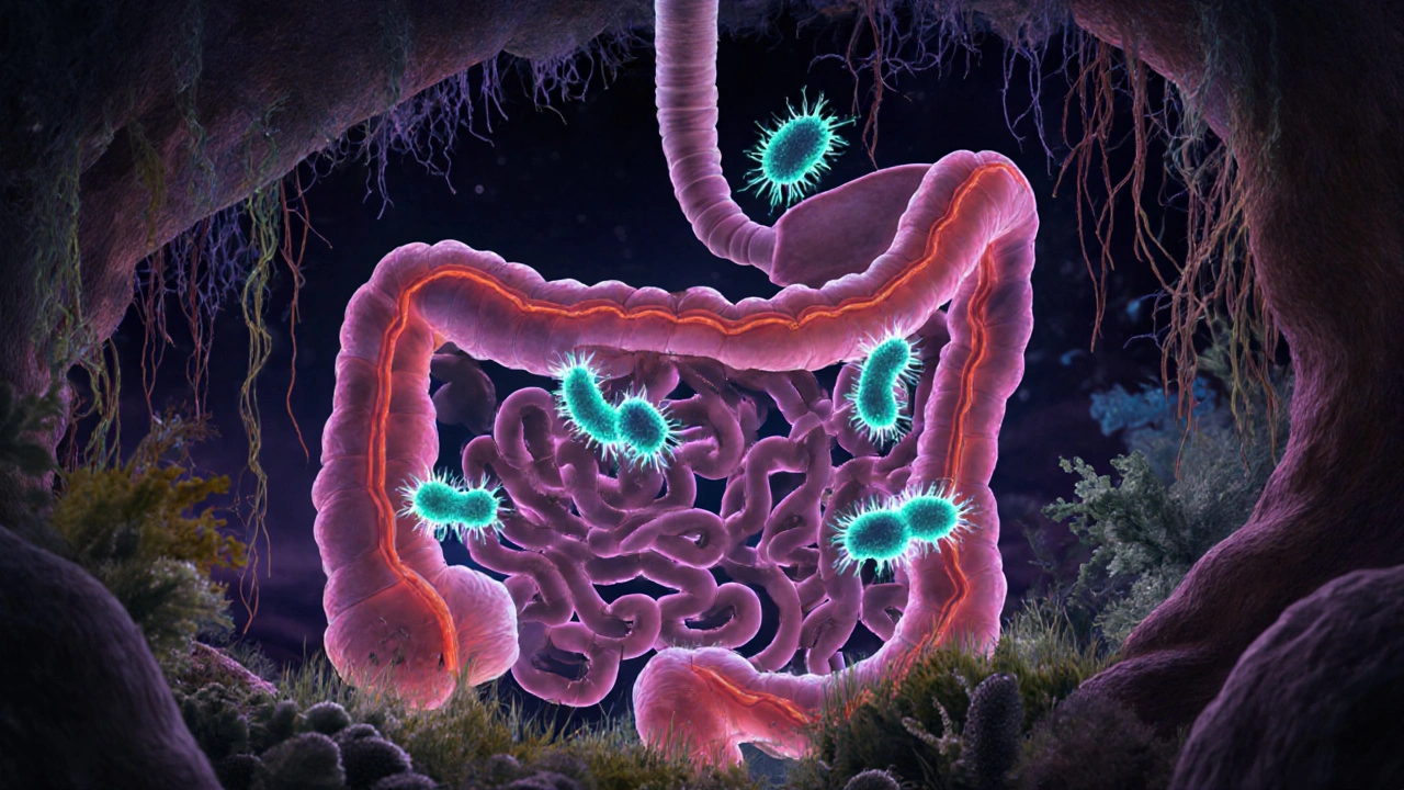 Vnitřek střev jako živý ekosystém s prospěšnými bakteriemi.