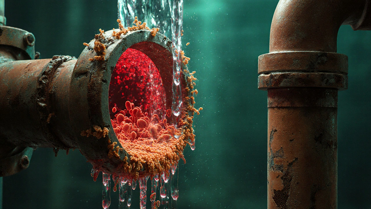 Vnitřek vodovodní trubky s viditelným biofilmem a bakteriemi, zatímco čistá voda teče nad nimi.