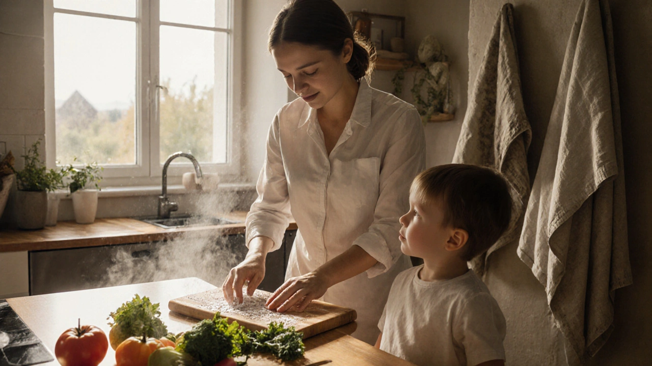 Žena čistí dřevěnou deskou na krájení v kuchyni s dítětem.