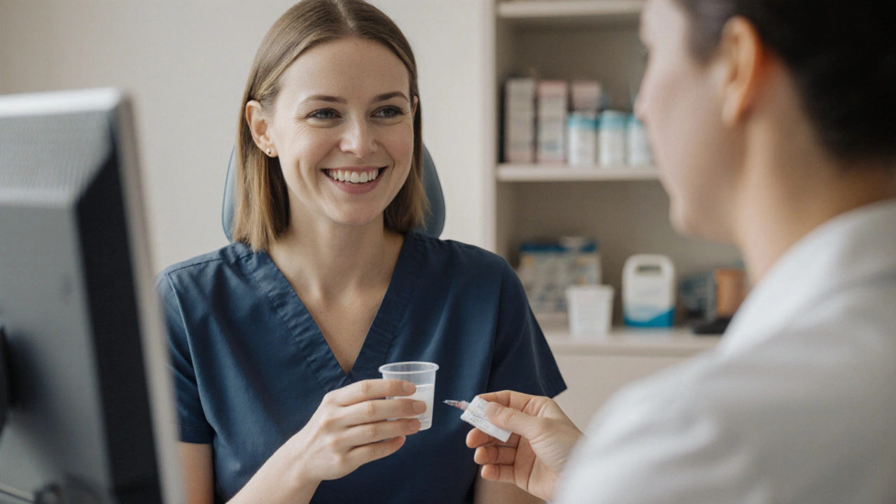 Žena v gynekologické ordinaci přijímá výsledky vyšetření.