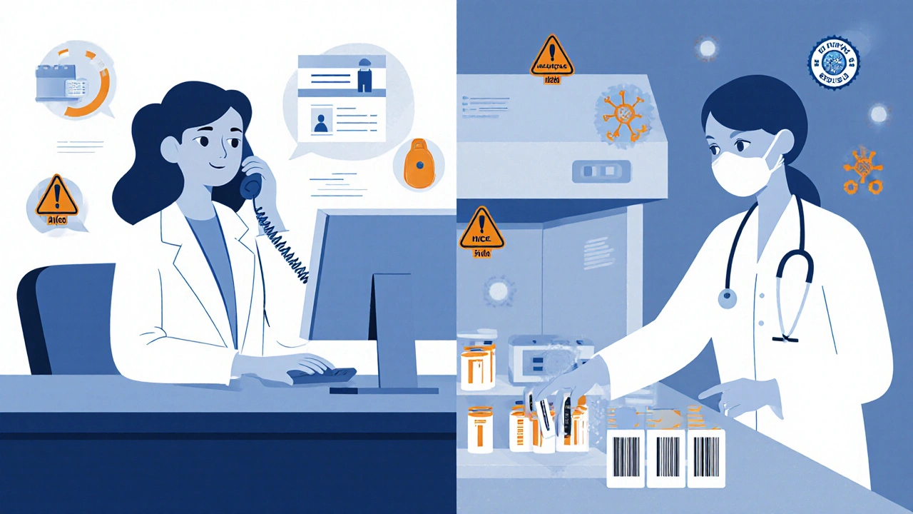 Žena v laboratoři komunikuje s lékařem přes telefon a zároveň zpracovává mikrobiologické vzorky.