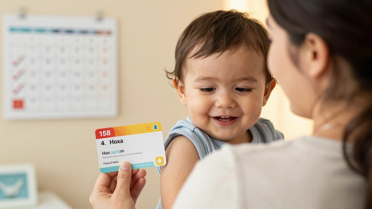 15měsíční dítě se objímá s rodičem po poslední dávce Hexa, viditelný očkovací průkaz.