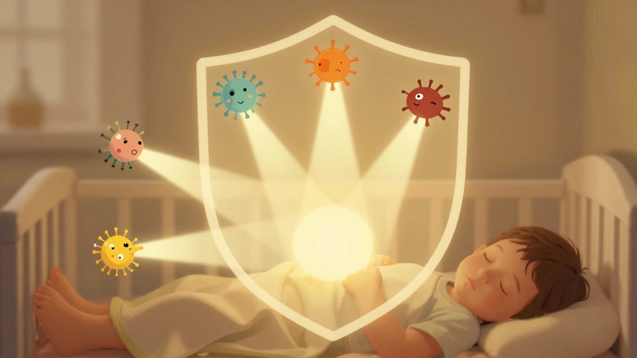 Abstraktní obrázek imunitního štítu chránícího dítě, který je tvořen šesti oddělenými světelnými paprsky vakcín.