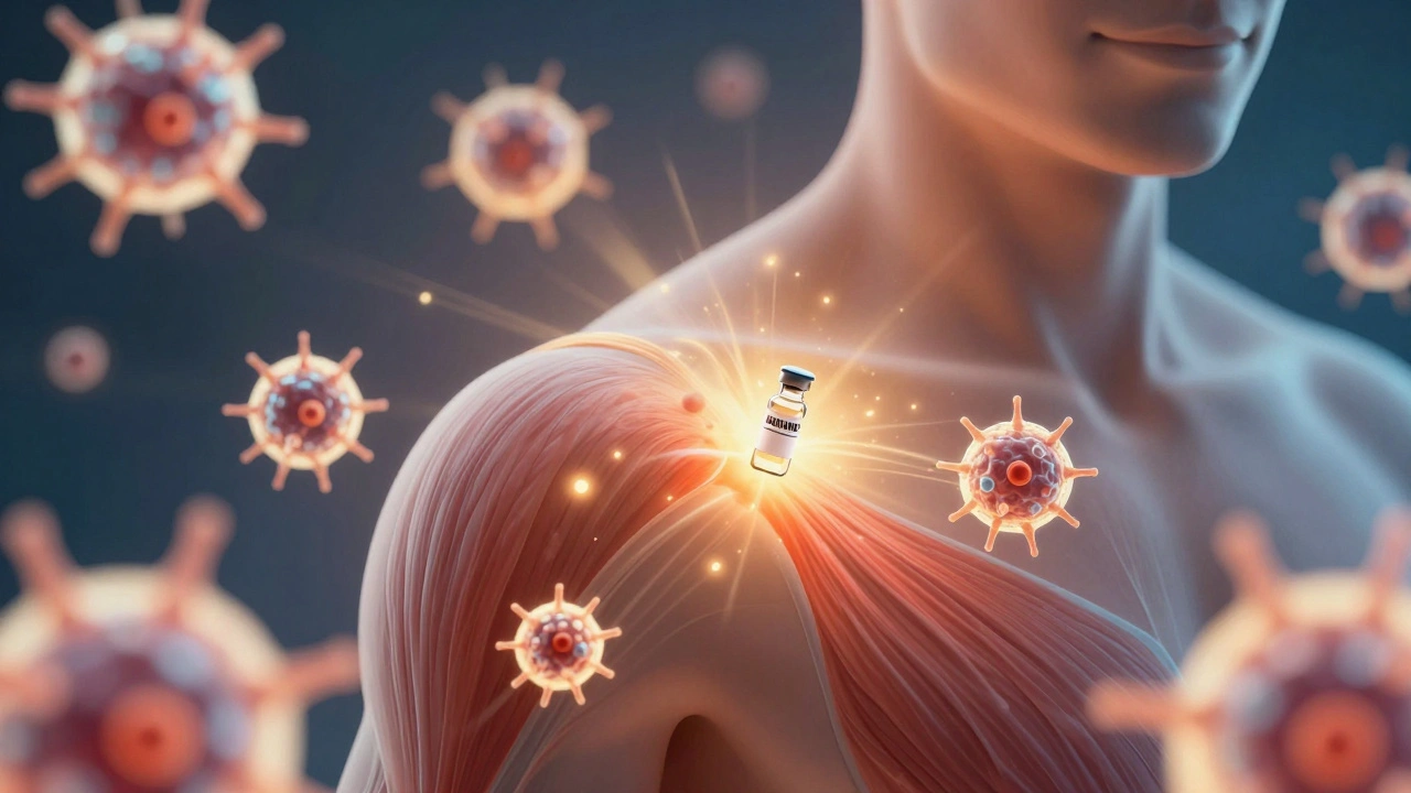 Abstraktní znázornění imunitních buněk reagujících na vakcínu v svalu.