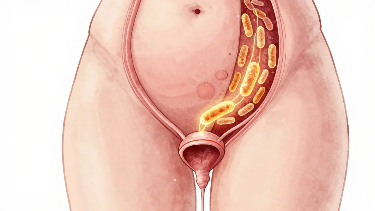 Anatomický náčrt ženské močové cesty s bakteriemi E. coli cestujícími od anální oblasti k močovému měchýři.