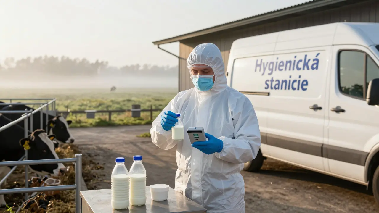 Bakteriolog odebírá vzorky mléka v malé české mlékárně na ranním svitu.