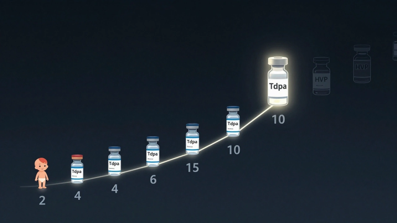 Časová osa očkování od kojeneckého věku až po dospívání s důrazem na dávku v 10 letech.