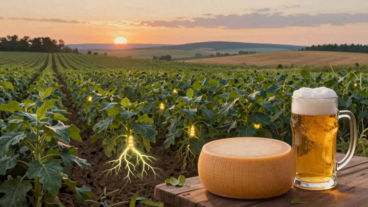 České pole s bobovými rostlinami a tradičním moravským sýrem.