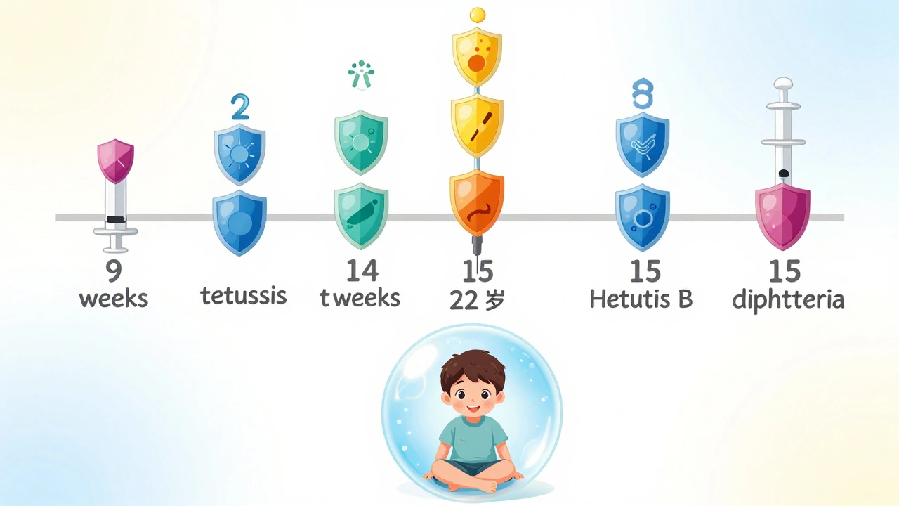 Čtyři dávky vakcíny Hexa v časové ose s ochrannými štíty proti šesti nemocem.