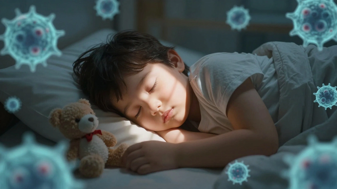Dítě spí v klidné místnosti, světlo osvětluje jeho obličej, symbolizující přirozenou imunitní reakci.