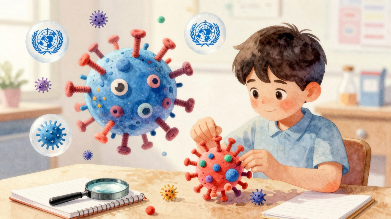 Dítě vytváří model viru z plastelíny a hadiček ve školní vědecké rohu.