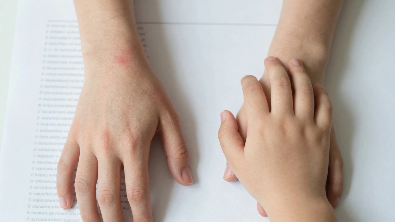 Dvě ruce – dospělé a dětské – s mírnými následky po očkování, klidně odpočívající na lékařském listu.