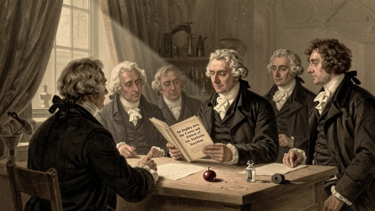 Edward Jenner drží knihu o kravípce v tiskárně, kolem něj skeptičtí muži.