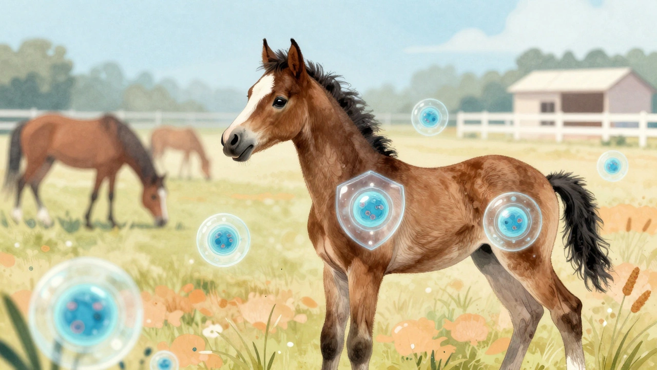 Foal at 8 months with glowing immune cells surrounding it, symbolizing vaccine protection.