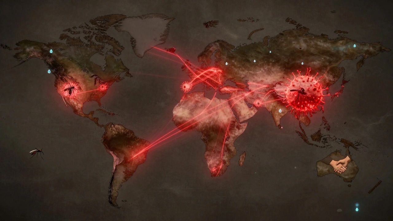 Globální mapa s červenými čarami šířícími se infekcí mezi kontinenty.