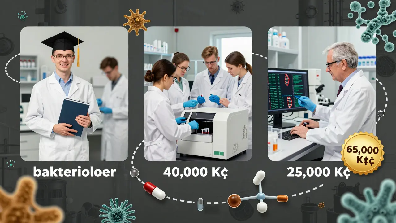 Grafické znázornění vývoje kariéry bakteriologa v Česku od stážistu po seniora.