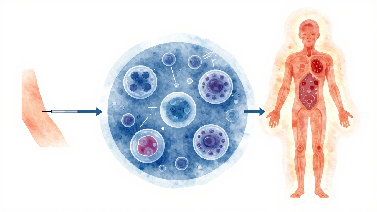 Ilustrace imunitní reakce po očkování: jehla, aktivace buněk a pozdní vyrážka za 7 dní.