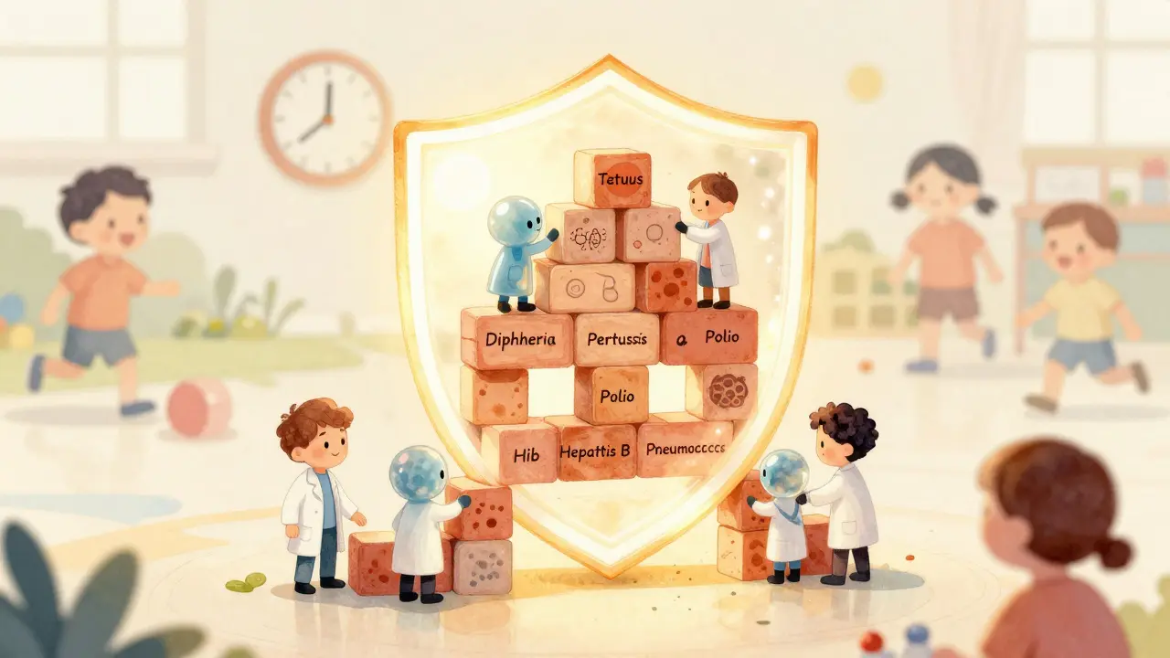 Ilustrace imunitního systému dítěte, který postupně vytváří ochranu proti šesti nemocem.