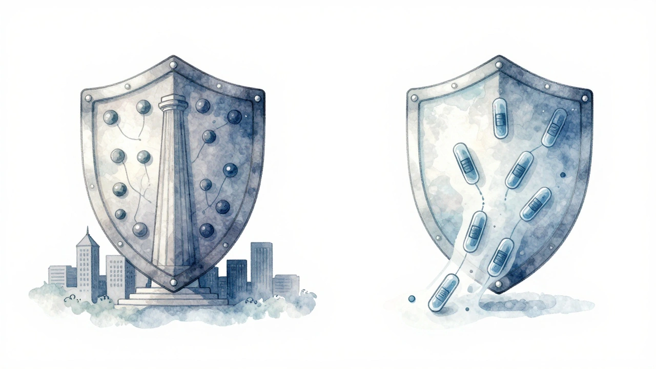 Kontrast dlouhodobé a krátkodobé imunity jako symbolických štítů.