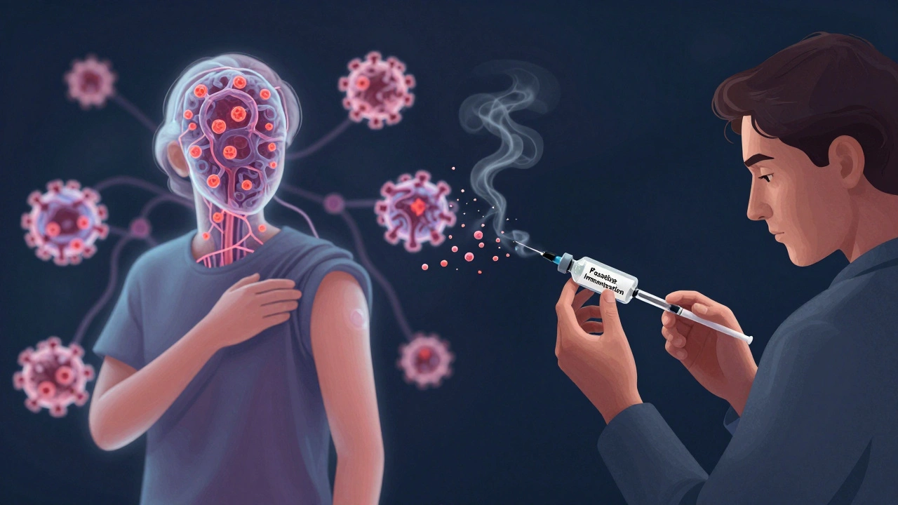 Kontrastní ilustrace trvalé a dočasné imunity: paměťové buňky vs. rozptylující se protilátky.