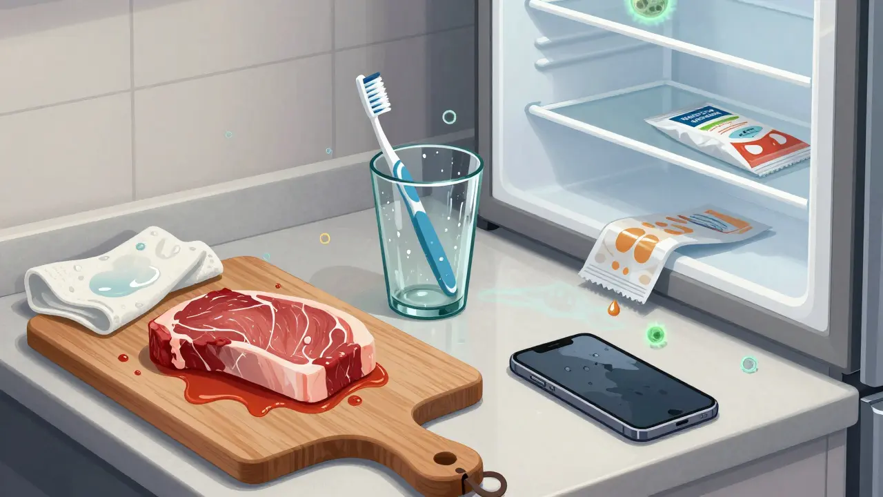 Kuchyňský stolek s nebezpečnými znečištěnými předměty: utěrka, nůž, štětec na zuby a telefon.