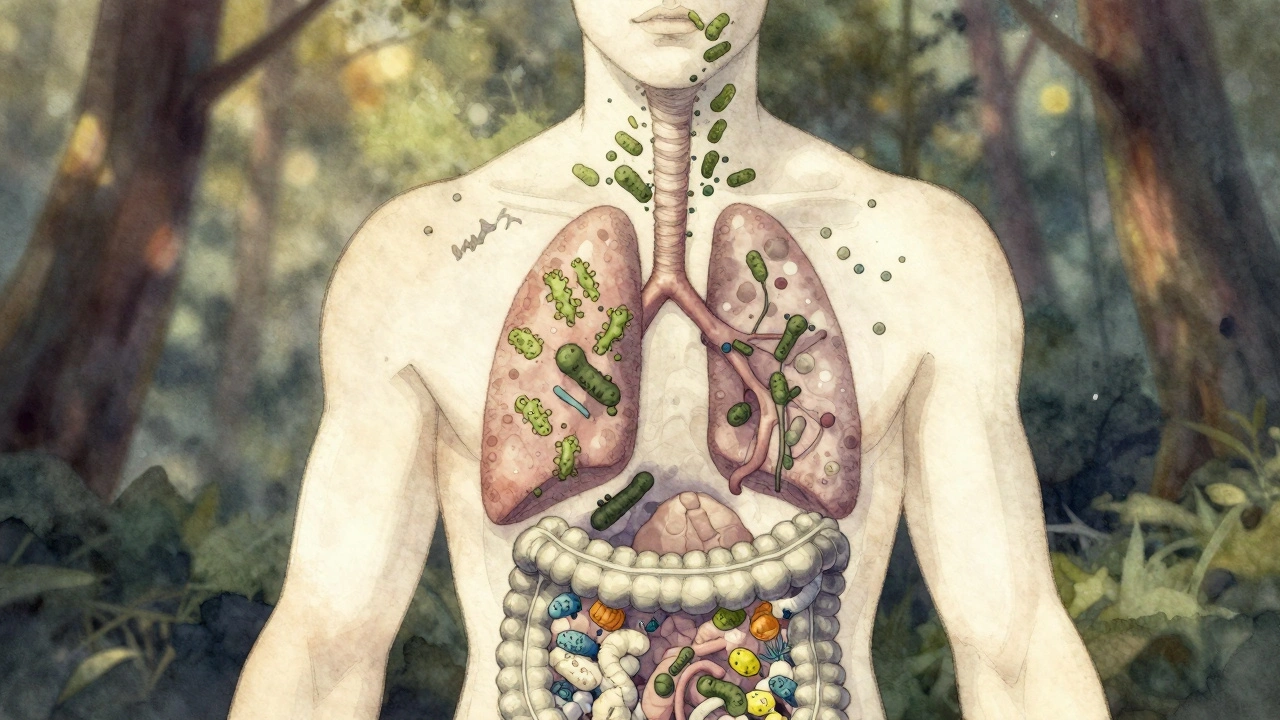 Lidská silueta s rozložením mikrobiomu v různých částech těla, zobrazeno jako vodní barvy.