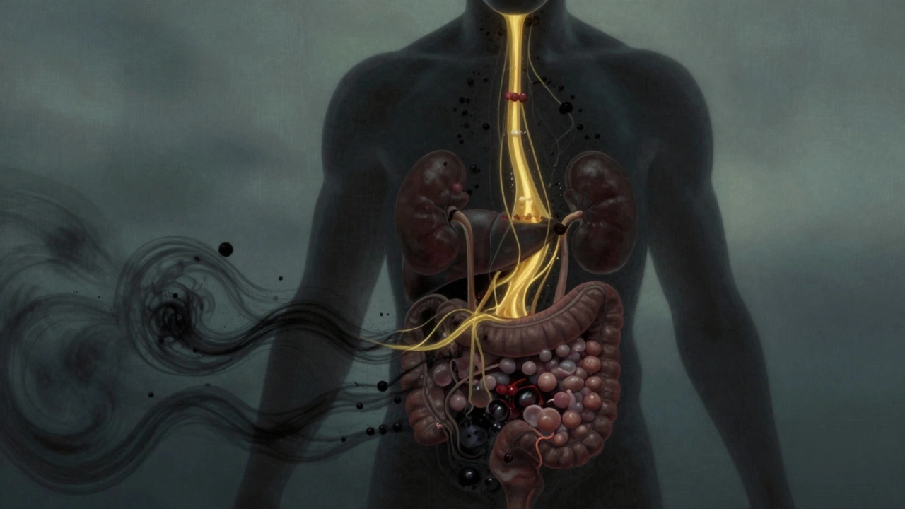  lidské tělo s výstupem škodlivých a prospěšných látek z různých orgánů.