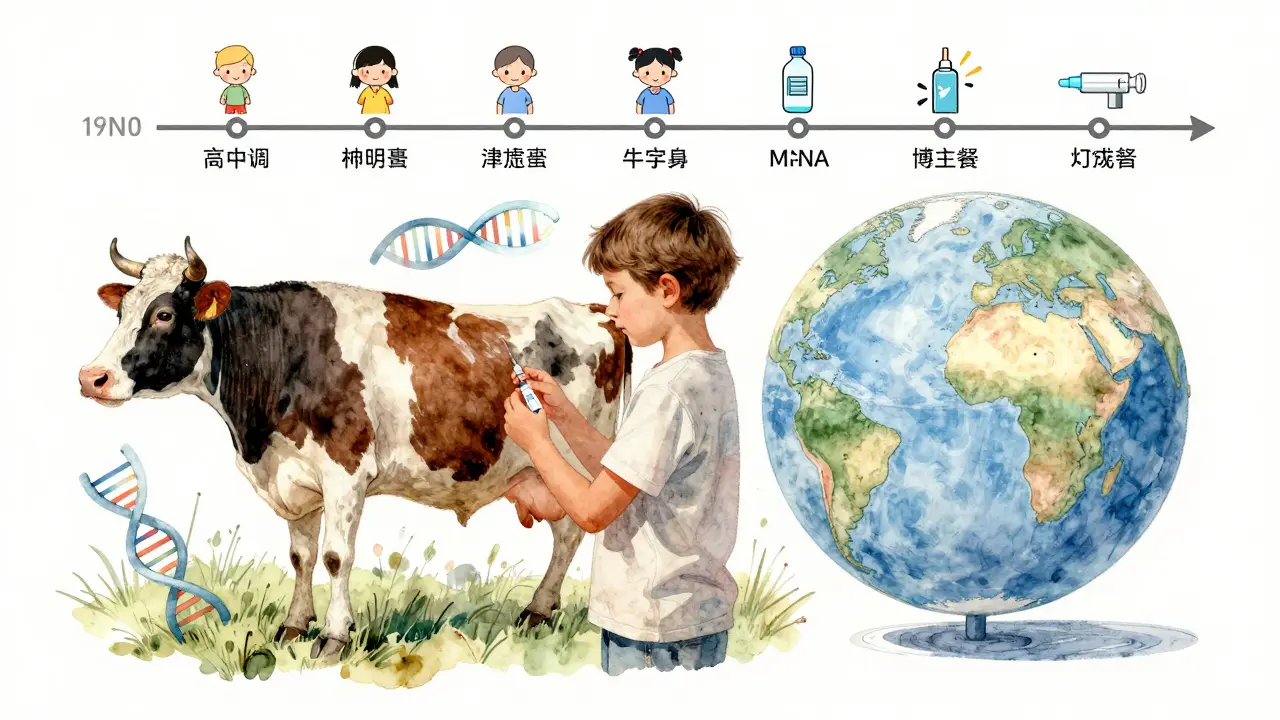 Moderní symbolický obrázek: dítě s očkováním, kráva, DNA a globus s vymizenými nemocemi.