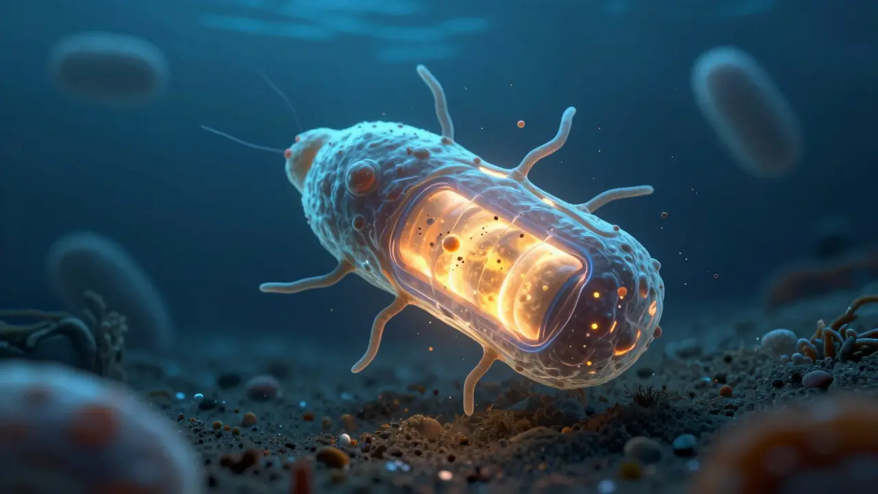 Obří bakterie ve dne moře s vnitřním zdrojem energie jako baterií.