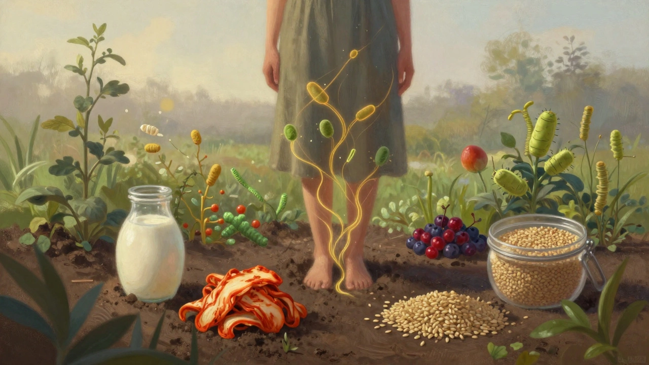 Osoba v zahradě, jejíž tělo se spojuje s potravinami a půdou, symbolizující symbiózu s bakteriemi.