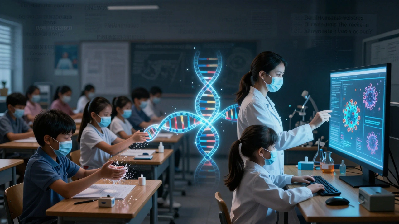 Přechod od dětí ve třídě k dospělým vědcům, spojený zářící DNA spirálou.