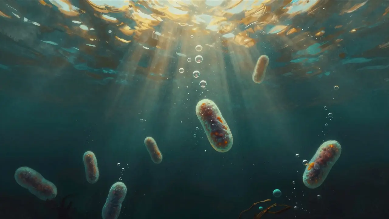 Primitivní bakterie v pradávném moři produkující kyslík do atmosféry.