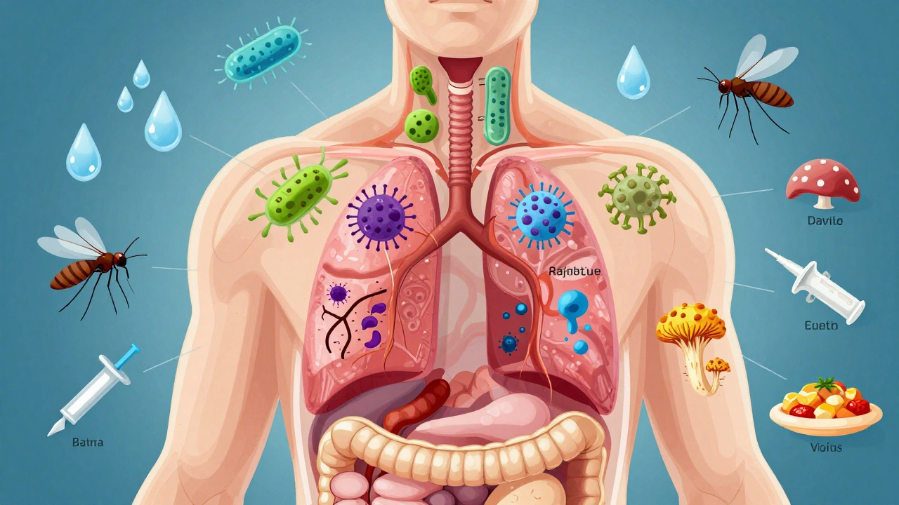Průhledný lidský tělo s různými patogeny v orgánech a cestami přenosu kolem něj.