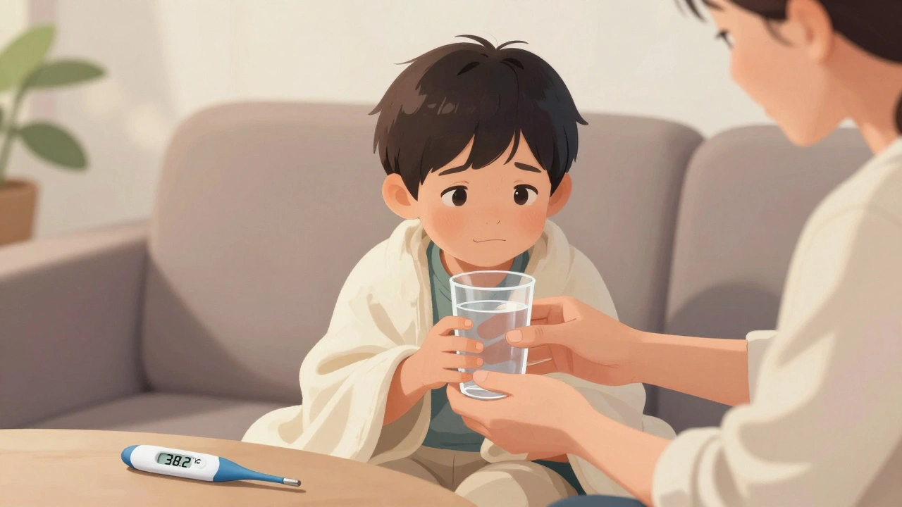 Rodič podává dítěti vodu na pohovce, teplota je mírná, žádné léky nejsou vidět.