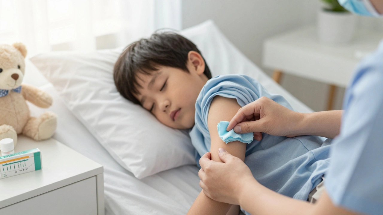 Rodič uklidňuje dítě po očkování, chladný hadřík na rameni, klidná atmosféra.