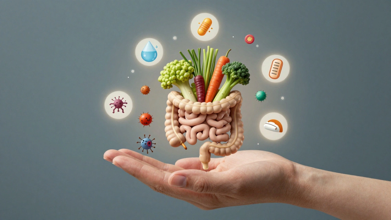 Rovnováha zdravých bakterií a výživy v ruce s symboly vody, spánku a probiotik.