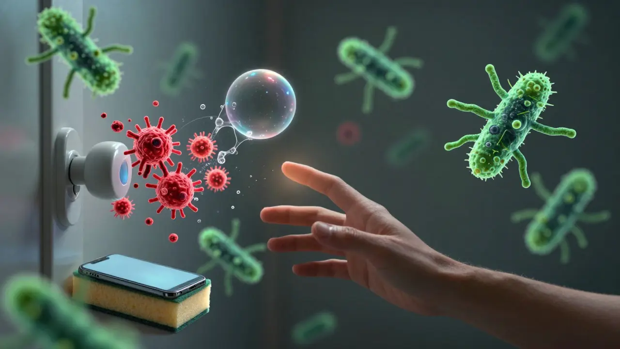 Ruka před backgroundem s bakteriemi — užitečné v zelené a škodlivé v červené barvě.