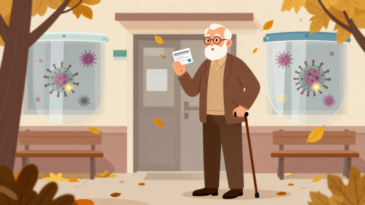 Starý muž drží očkovací kartu před klinikou v podzimním prostředí.