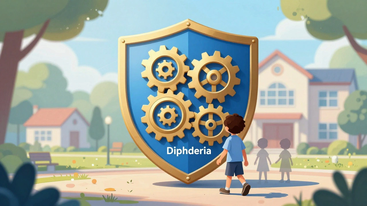 Štít chránící dítě před diphtherií, tetanem a pertusis, symbolizující skupinovou imunitu.