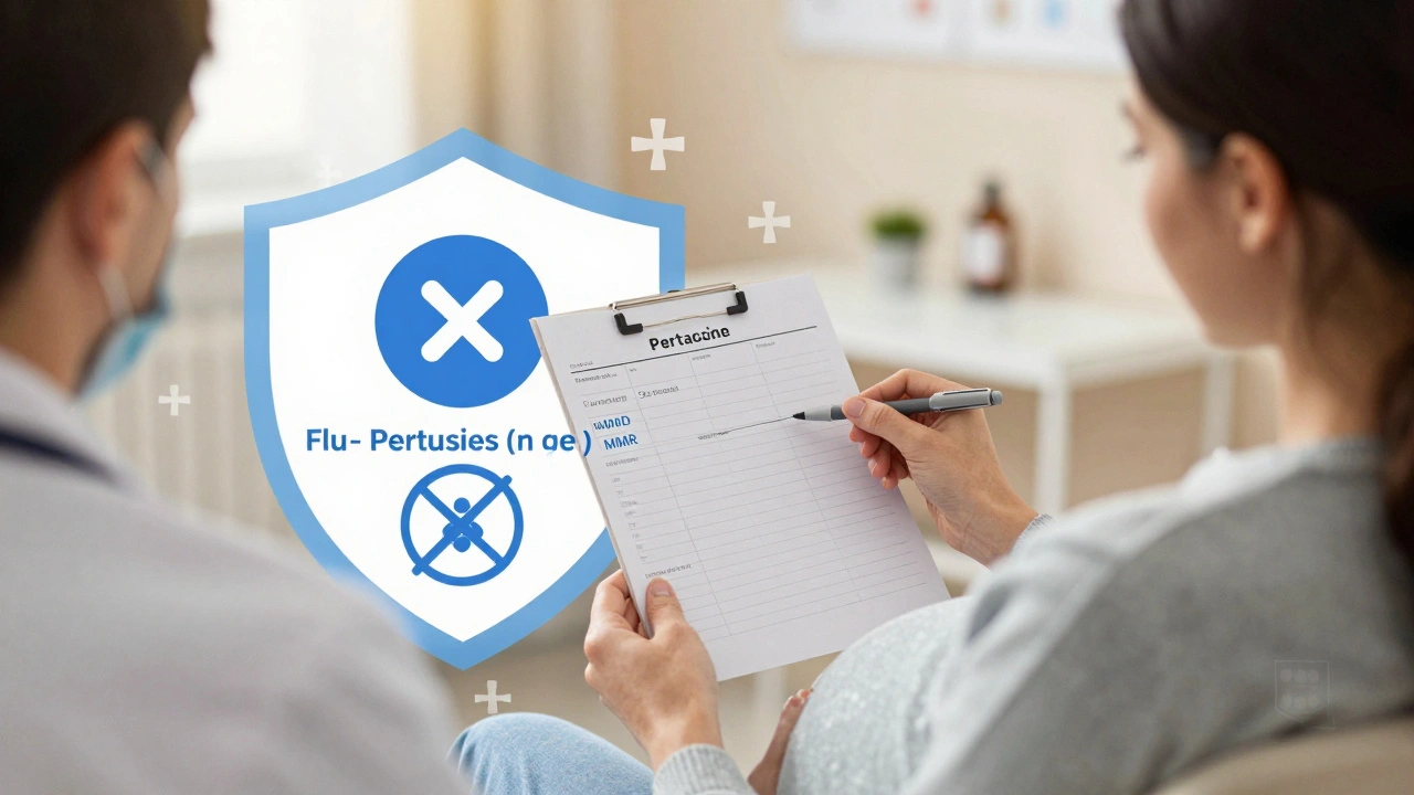 Těhotná žena konzultuje s lékařem, které vakcíny jsou během těhotenství bezpečné.