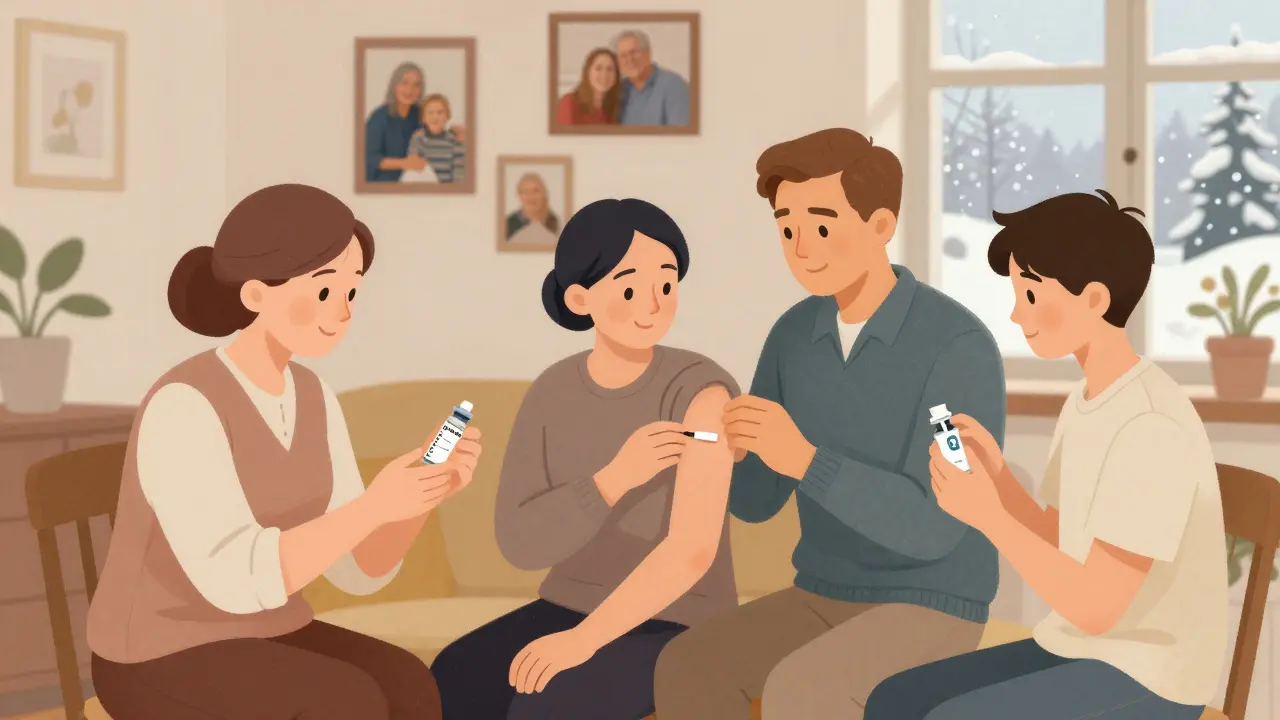 Three generations of a Czech family receiving vaccines at home in winter.