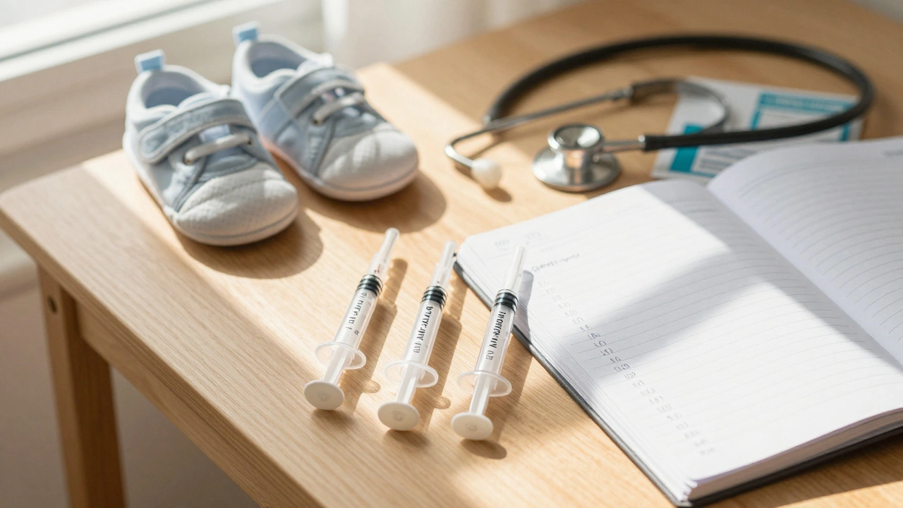 Tři vakcíny na stole vedle dětského botičky a plánu očkování v příjemném osvětlení.