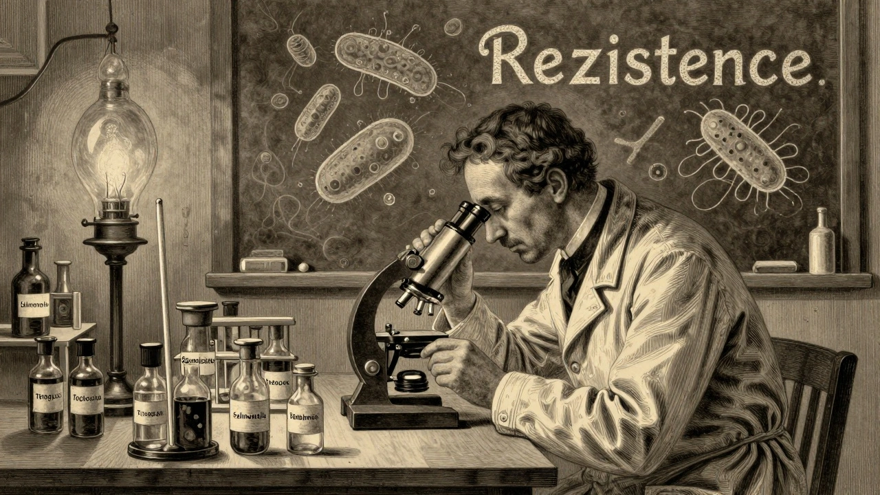 Vědec v staré laboratoři sledující bakterie pod mikroskopem.