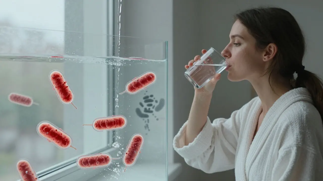 Žena pije vodu, zatímco bakterie jsou myty vodním proudem, symbolizující prevenci infekce močových cest.